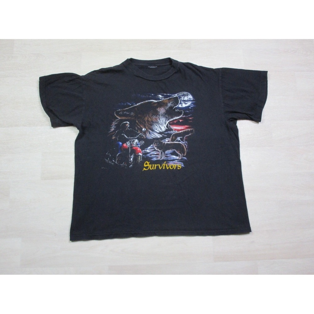 VTG 90s 3D Emblem Survivors Wolf‎ Motorcycle Single Stitch (XL) T Shirt Black HD